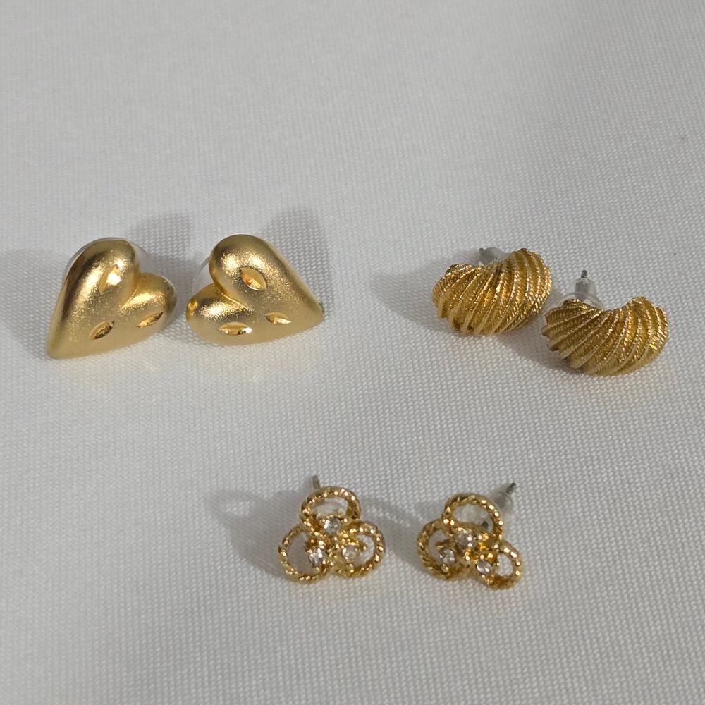 Petite Gold Toned Post Earrings Heart, Lovers Knot, Ripple - Set of 3 Pairs